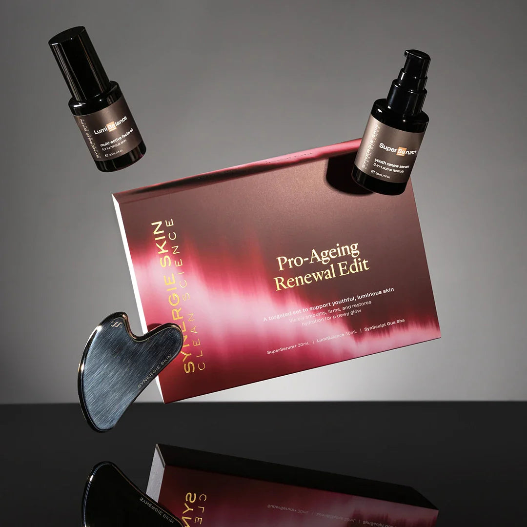 SuperSerum+ (30mL), LumiBalance (30mL), SynSculpt Gua Sha