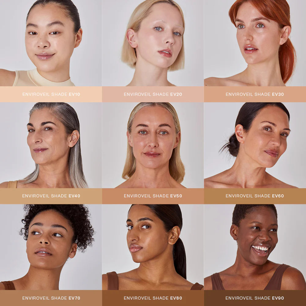 Models wearing the 9 shades of Synergie Minerals EnviroVeil liquid foundation